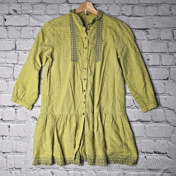 Free People Tops - Free People 100% Cotton Yellow Green Ruffle Hem Stitch Embroidered Tunic Size 4